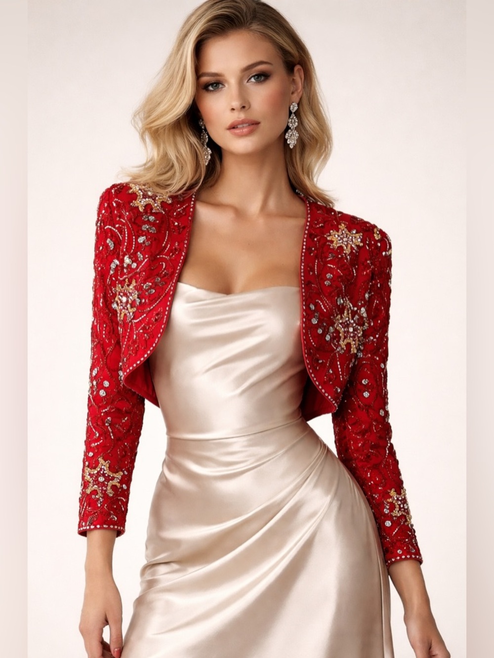 NWT
80’s Vintage Scala 100% Silk Red Heavy Beaded Sequin Bolero Crop Jacket PM